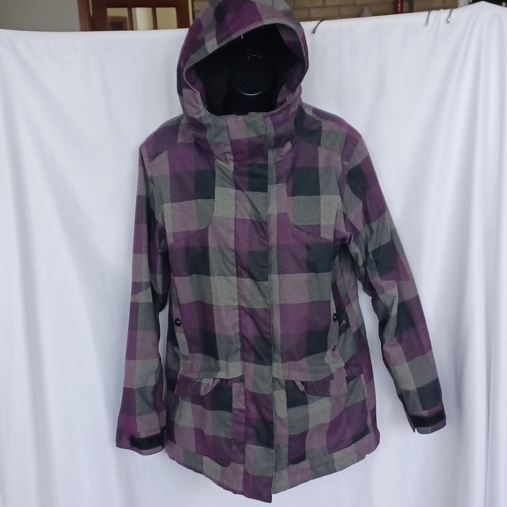 PWDR Room Purple/Gray Buffalo Plaid Snowboard Jacket w Hood, Sz S, 20" PTP, 30"L